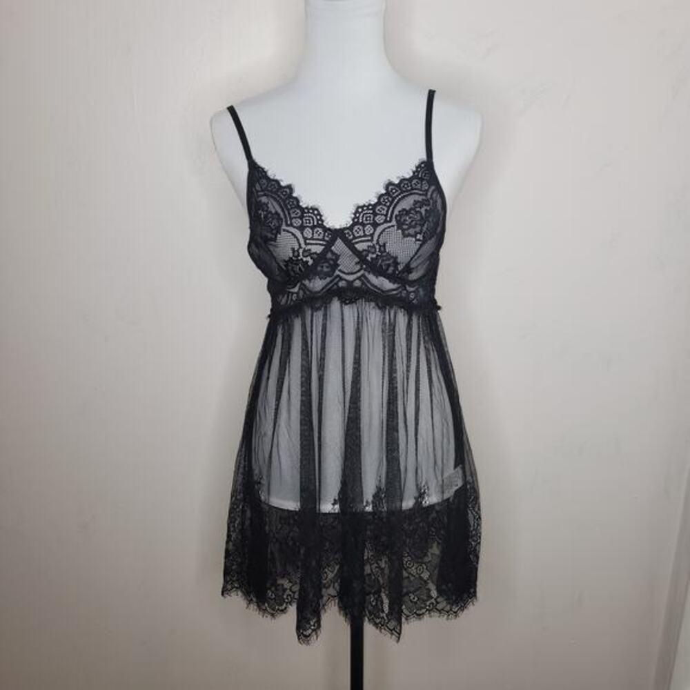 Womens Babydoll Sheer Dress Lace Size Large‎ Black Underwire Nightie Negligee L